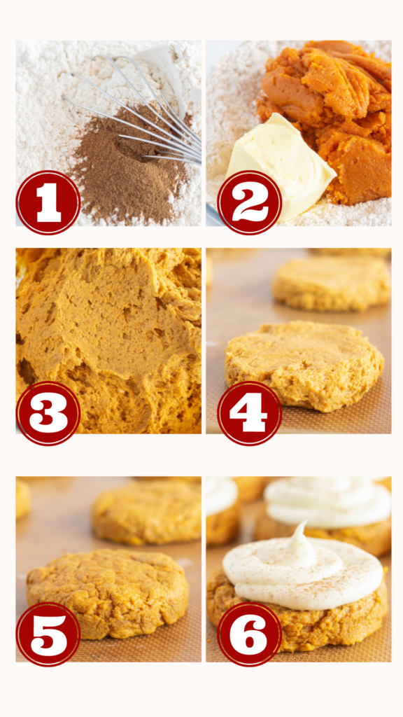 6 step by step photos for making Pumpkin Cheesecake Cookies with a cake mix.