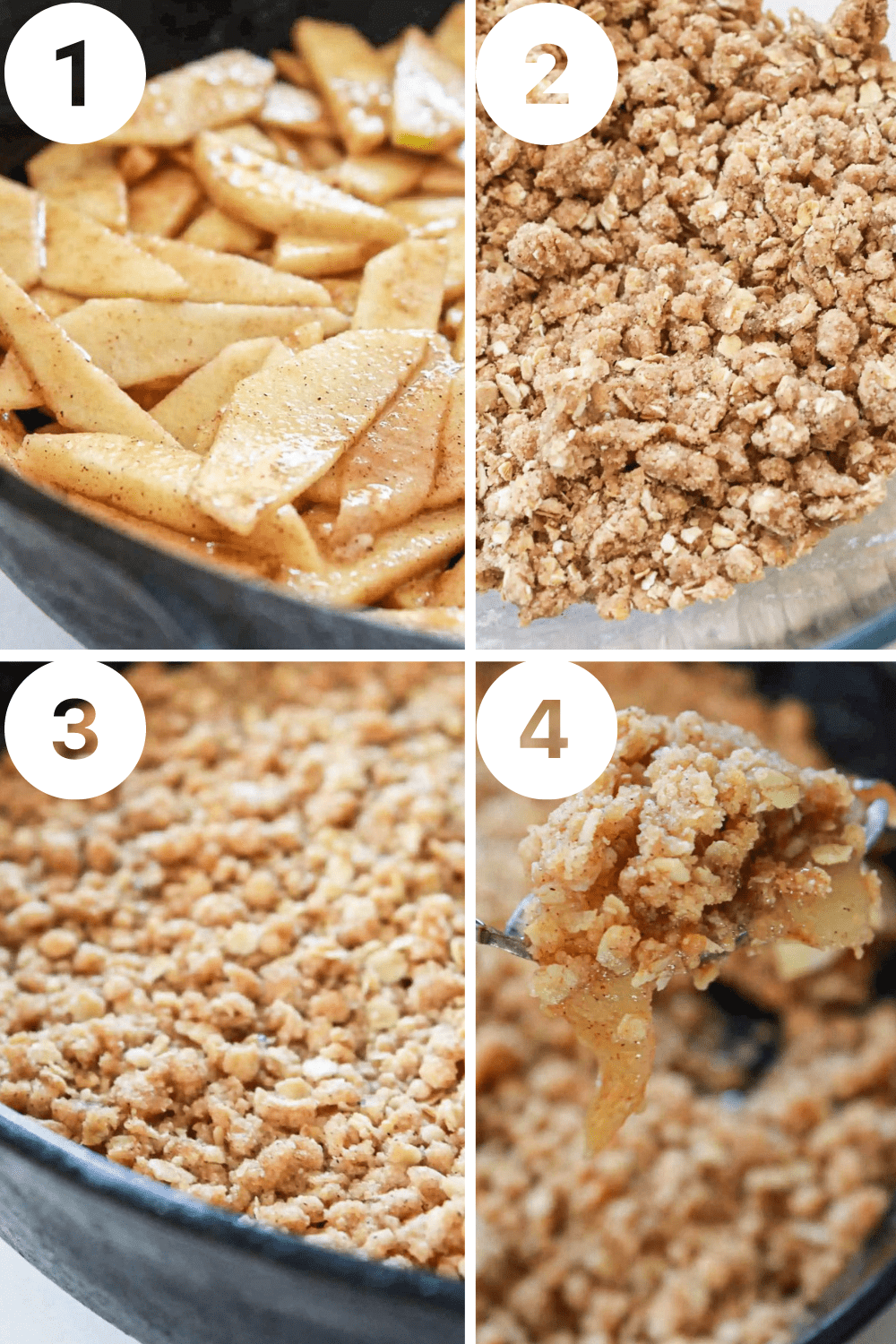 4 step by step photos showing how to make a Skillet Apple Crisp.