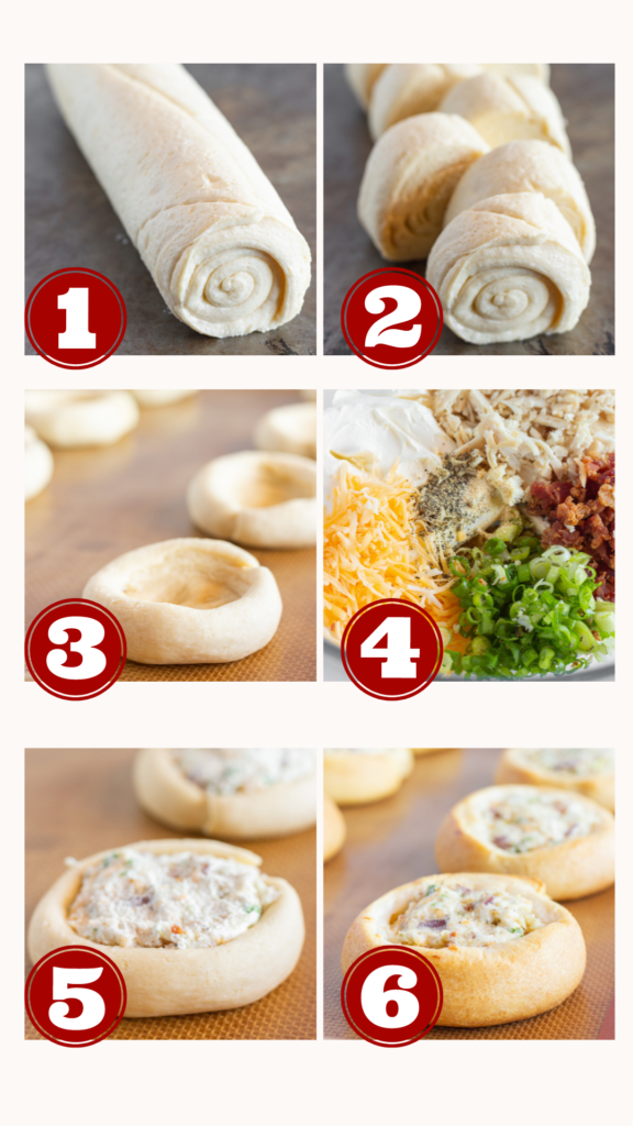 6 step by step photos for making Easy Chicken Cream Cheese Crescent Rolls