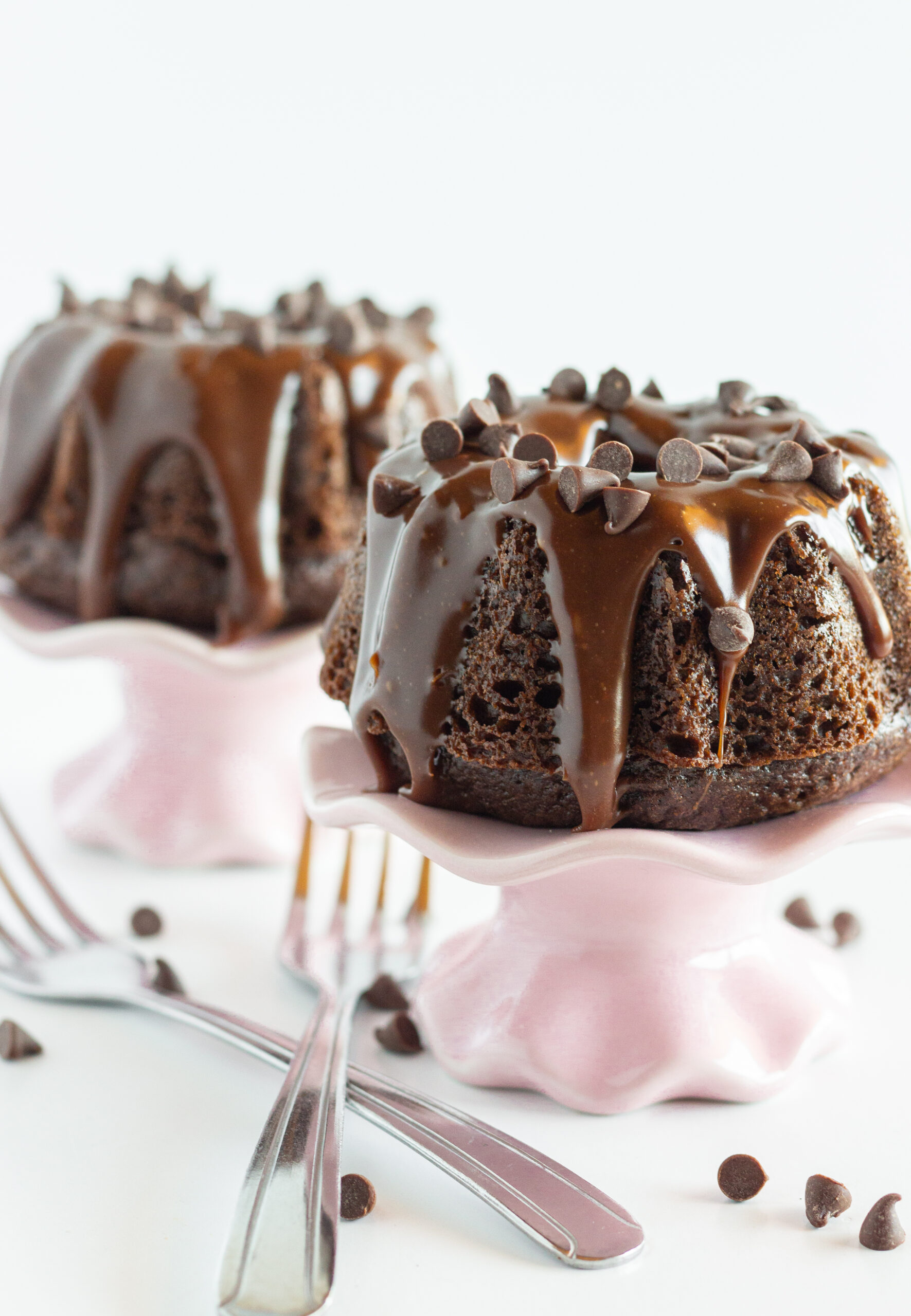 Two Mini Chocolate Bundt Cakes on small pink cake plates with forks.