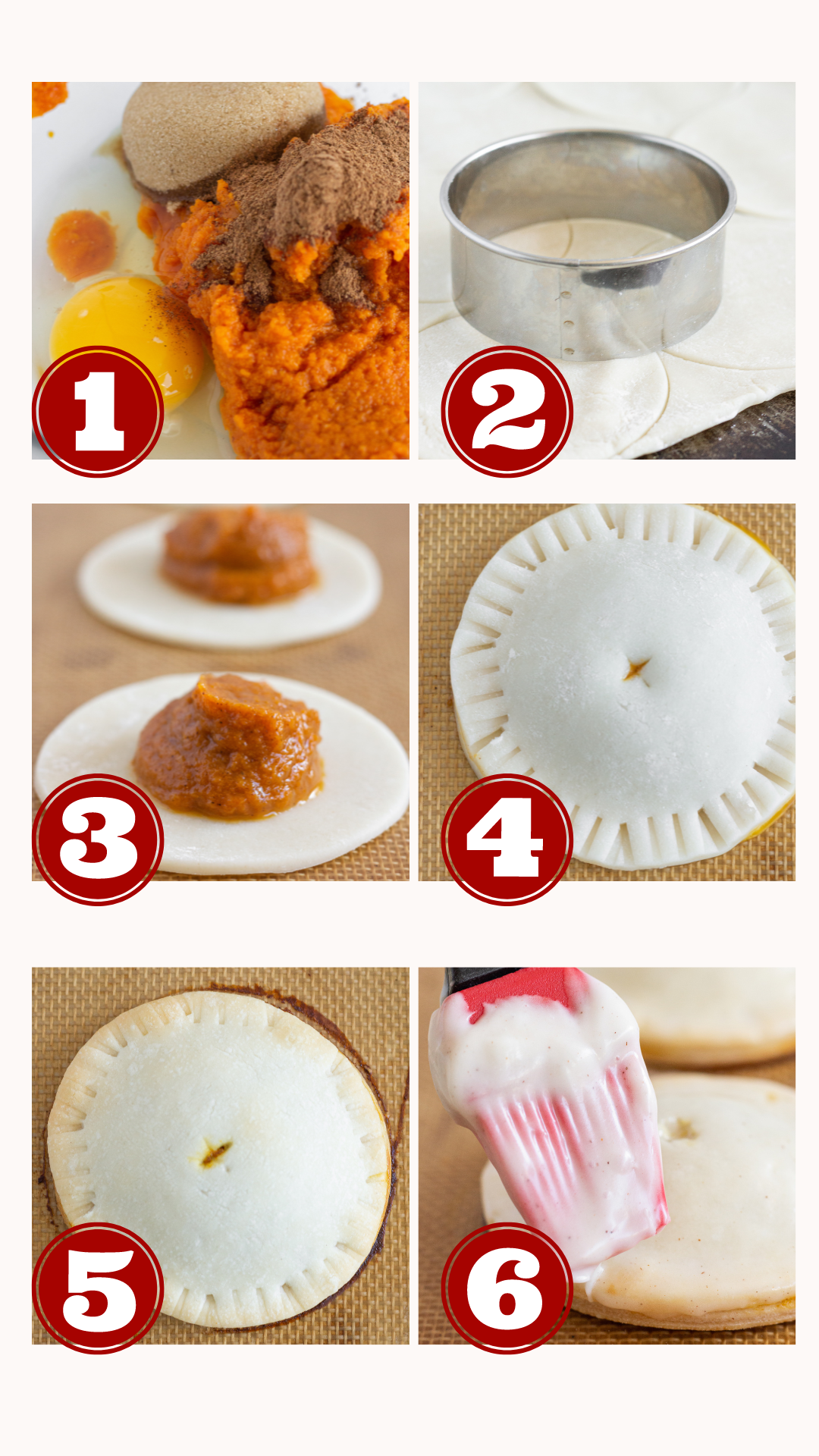 6 step by step photos for making pumpkin hand pies from start to finish.
