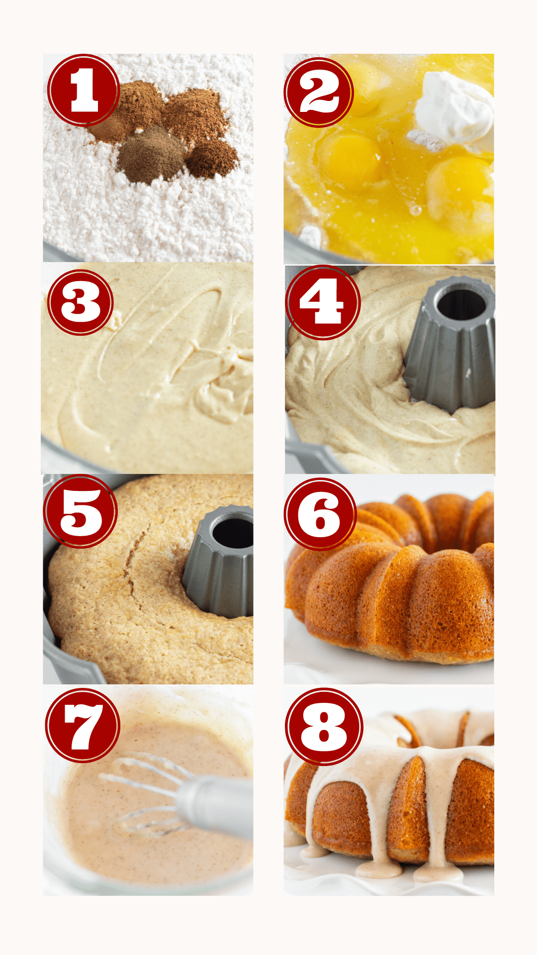 8 step by step photos for making a Spice Bundt Cake with a cake mix.