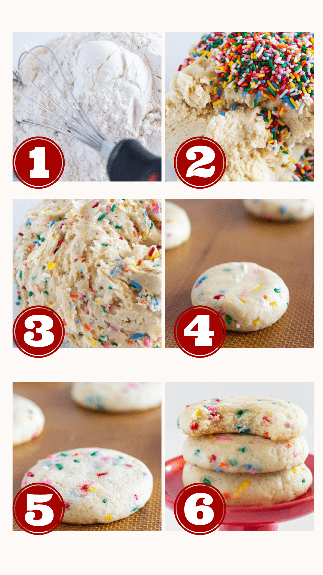 6 step by step of photos of how to make Sprinkle Sugar Cookies.