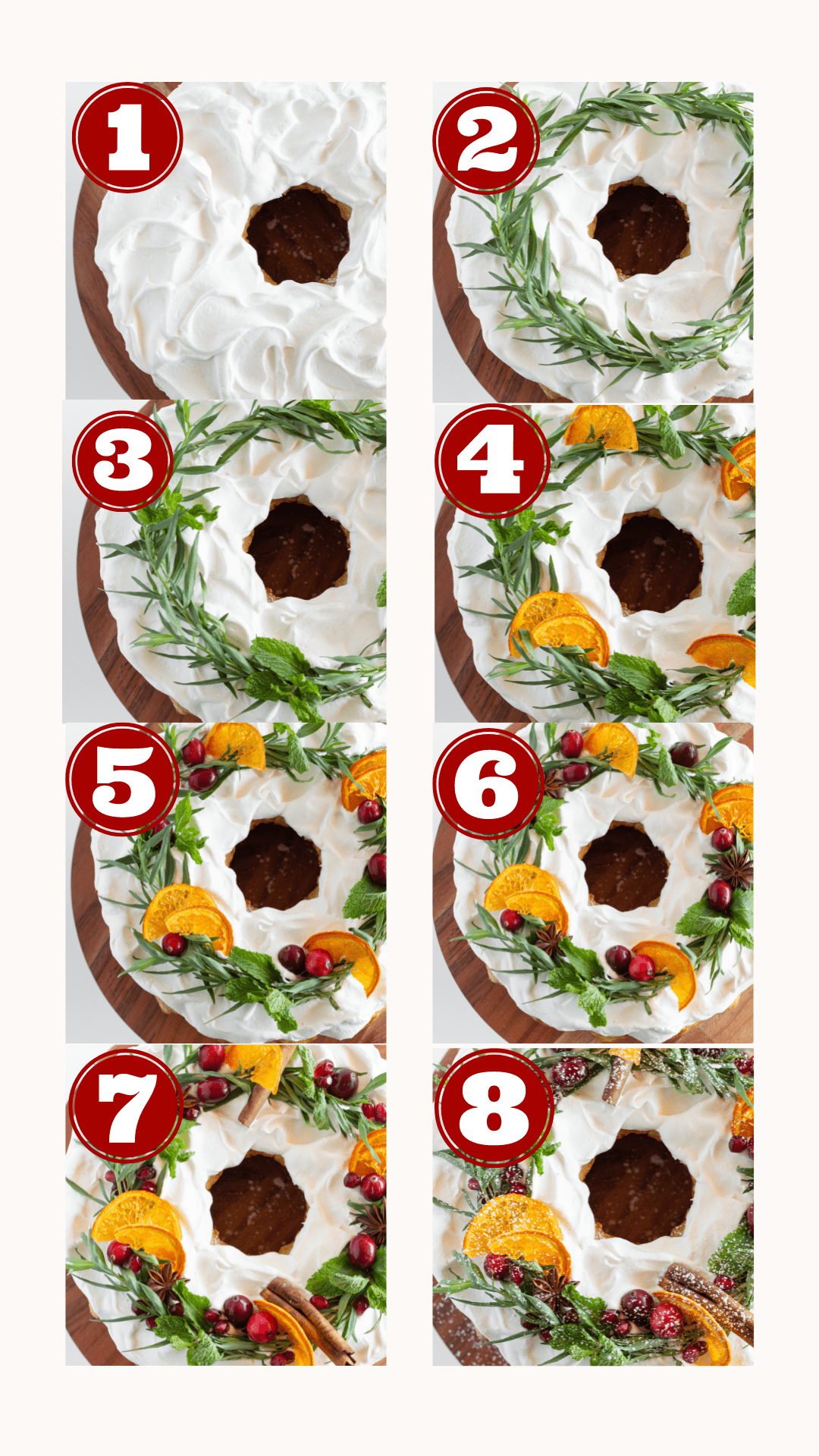 8 step by step photos showing you how to assemble a Bundt Cake Christmas Wreath easily.