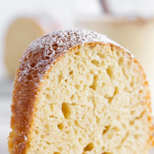 Easy to make eggnog bundt cake with powdered sugar.