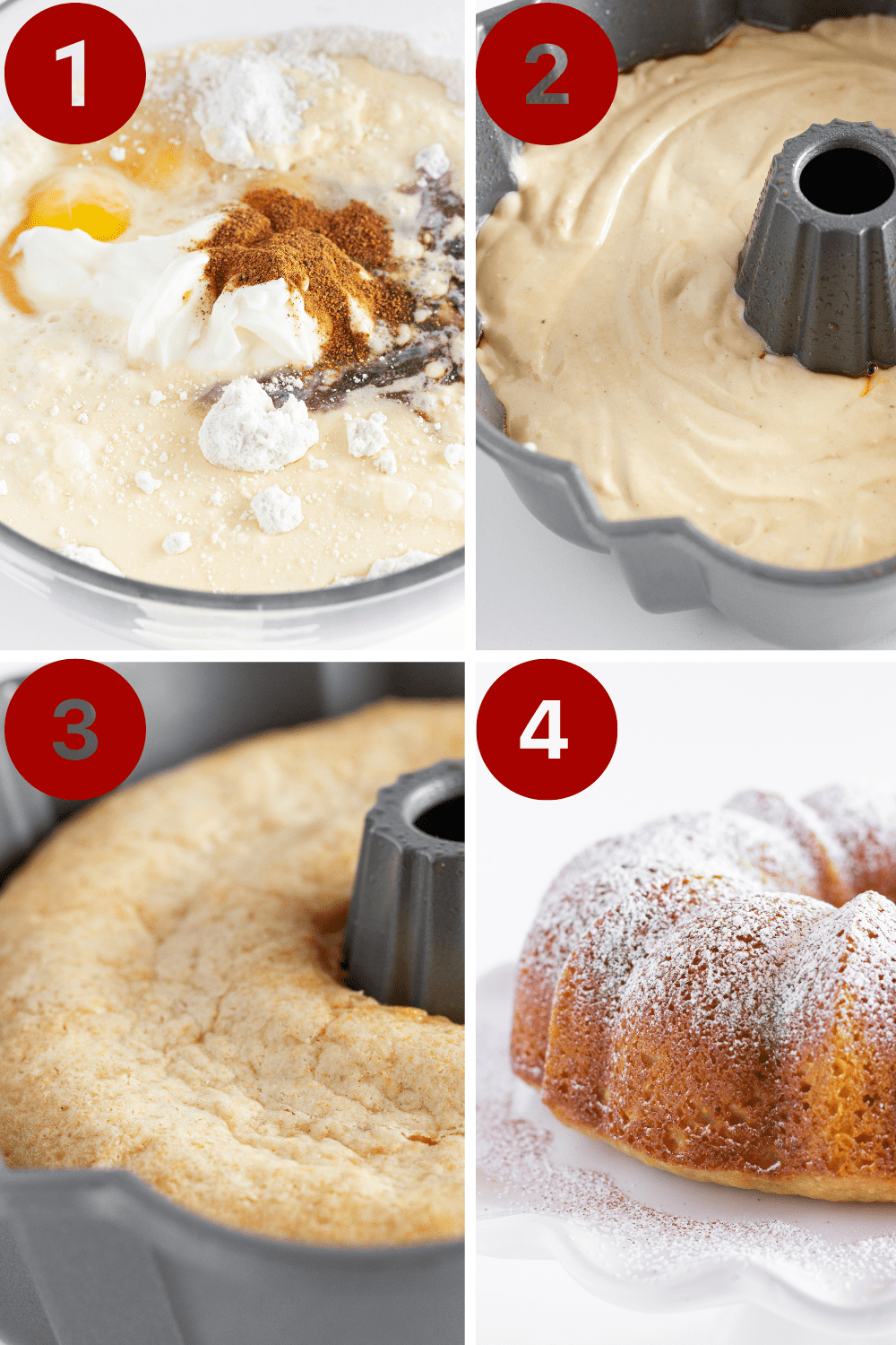 4 step by step photos of making Eggnog Bundt Cake 