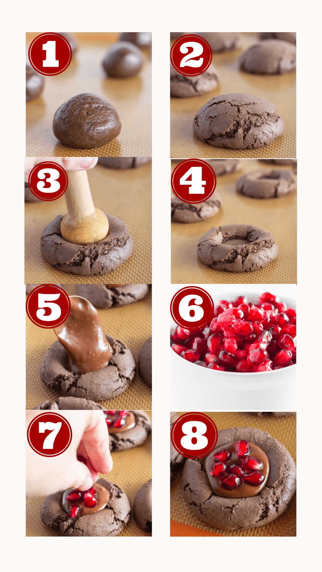 8 step by step photos for making Pomegranate Truffle Cookies.