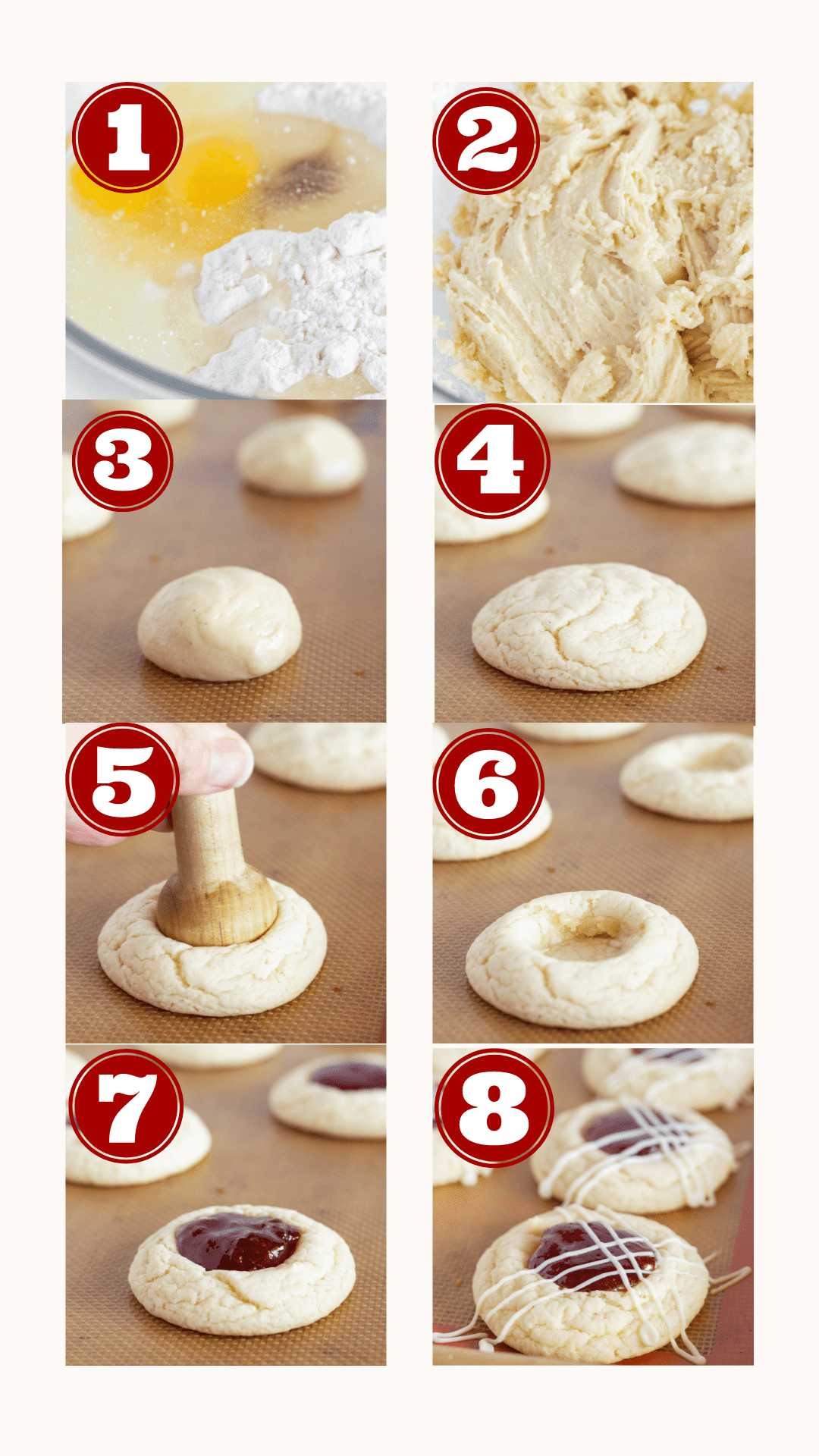 8 step by step photos showing how to make Strawberry Jam Cookies.