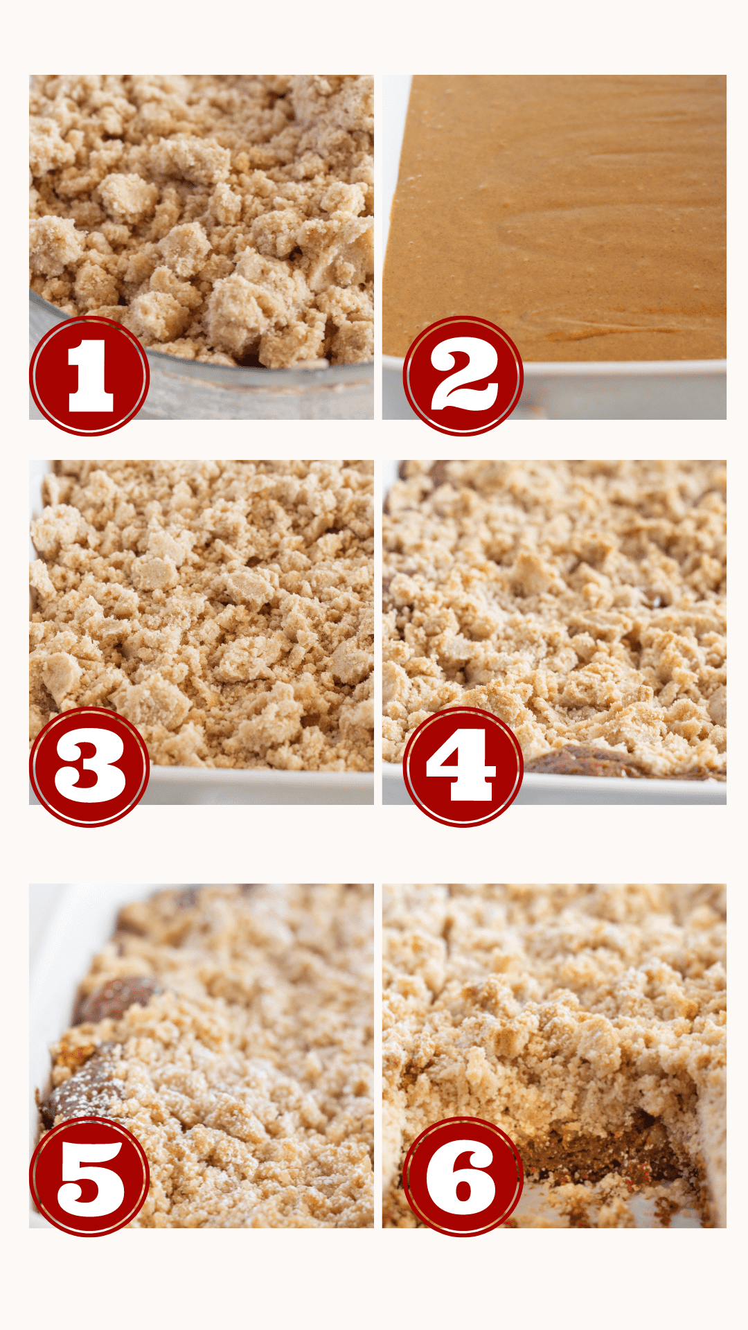 6 step by step photos for making a delicious and easy gingerbread crumb cake.