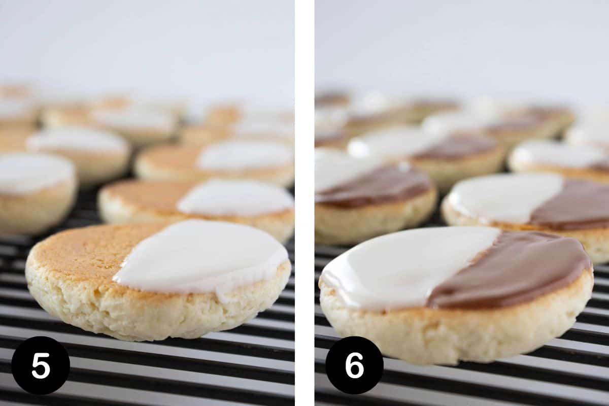 A photo of steps 5 & 6 of making Half Moon Cookies, showing how to frost the cookies.
