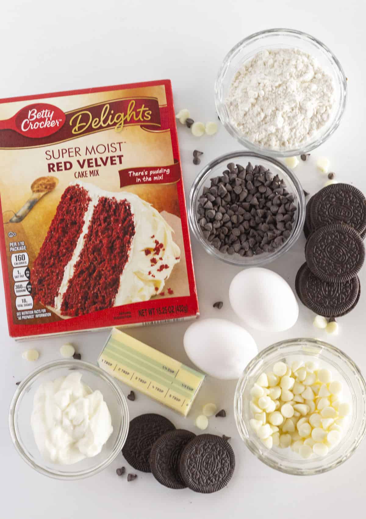 A photo of all the ingredients needed to make Red Velvet Oreo cookies.