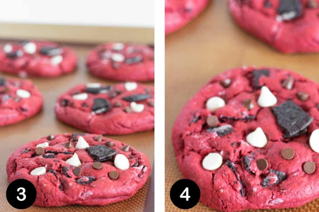 Photos of step 3 and step 4 when making Red Velvet Oreo Cookies with a cake mix.