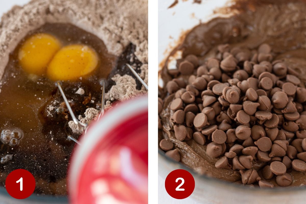 Steps 1 and 2 of making brownies with a cake mix. 1, making the brownie batter.  2, adding chocolate chips to the batter.