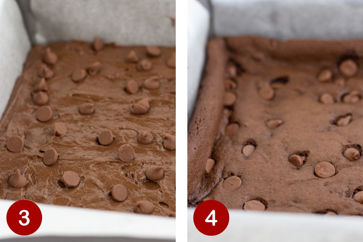Steps 3 and 4 of making cake mix brownies. 3, adding batter to pan and topping with chocolate chips. 4, baking the brownies and cooling them.