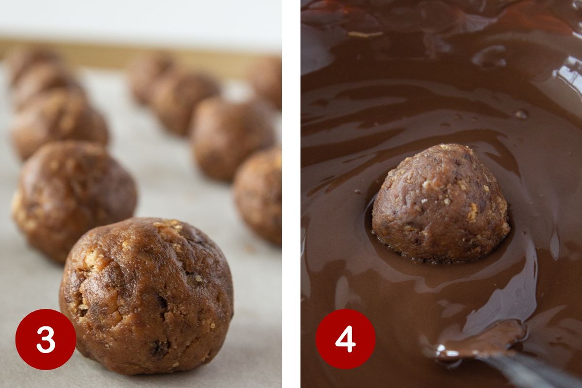 Steps 3 & 4 of making chocolate chip cookie truffles.