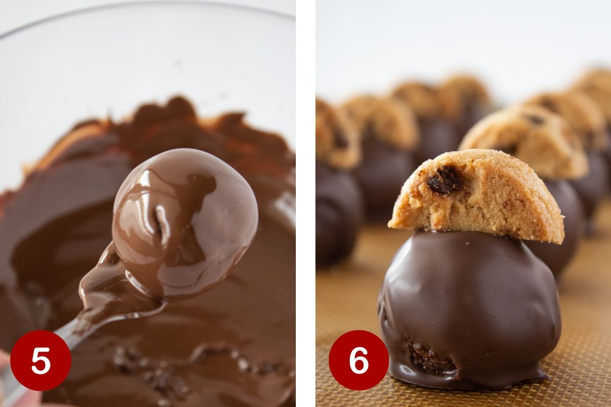 Steps 5 & 6 of dipping the chocolate chip cookie truffles in chocolate.
