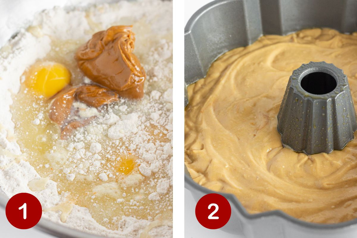 Photos of steps 1 & 2 of making a cookie butter bundt cake.
