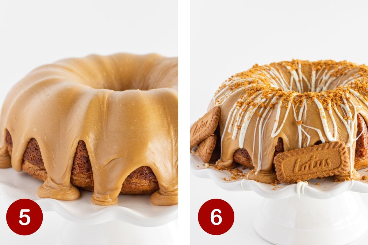 Photos of steps 5 & 6 for frosting and finishing a cookie butter bundt cake.