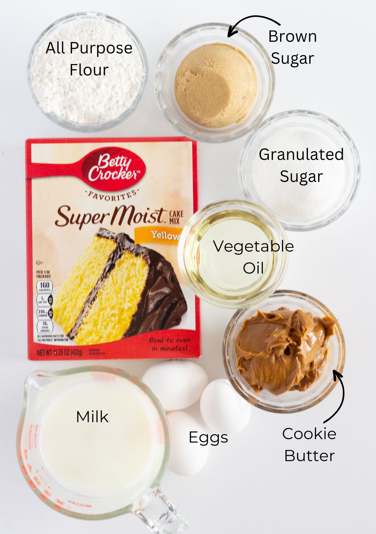 A photo of all of the ingredients needed to make the cookie butter bundt cake.