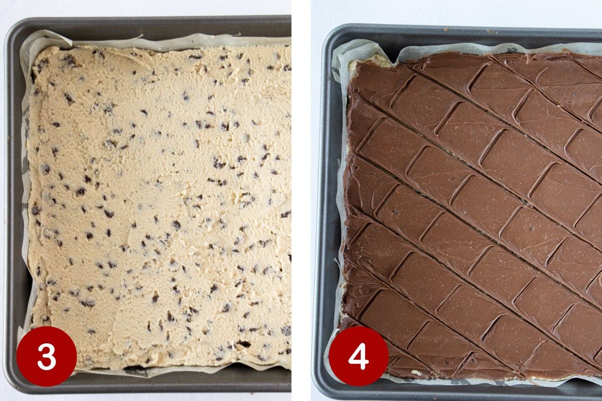 Photos of steps 3 and 4 of making the cookie dough and finishing the cookie dough brownies.