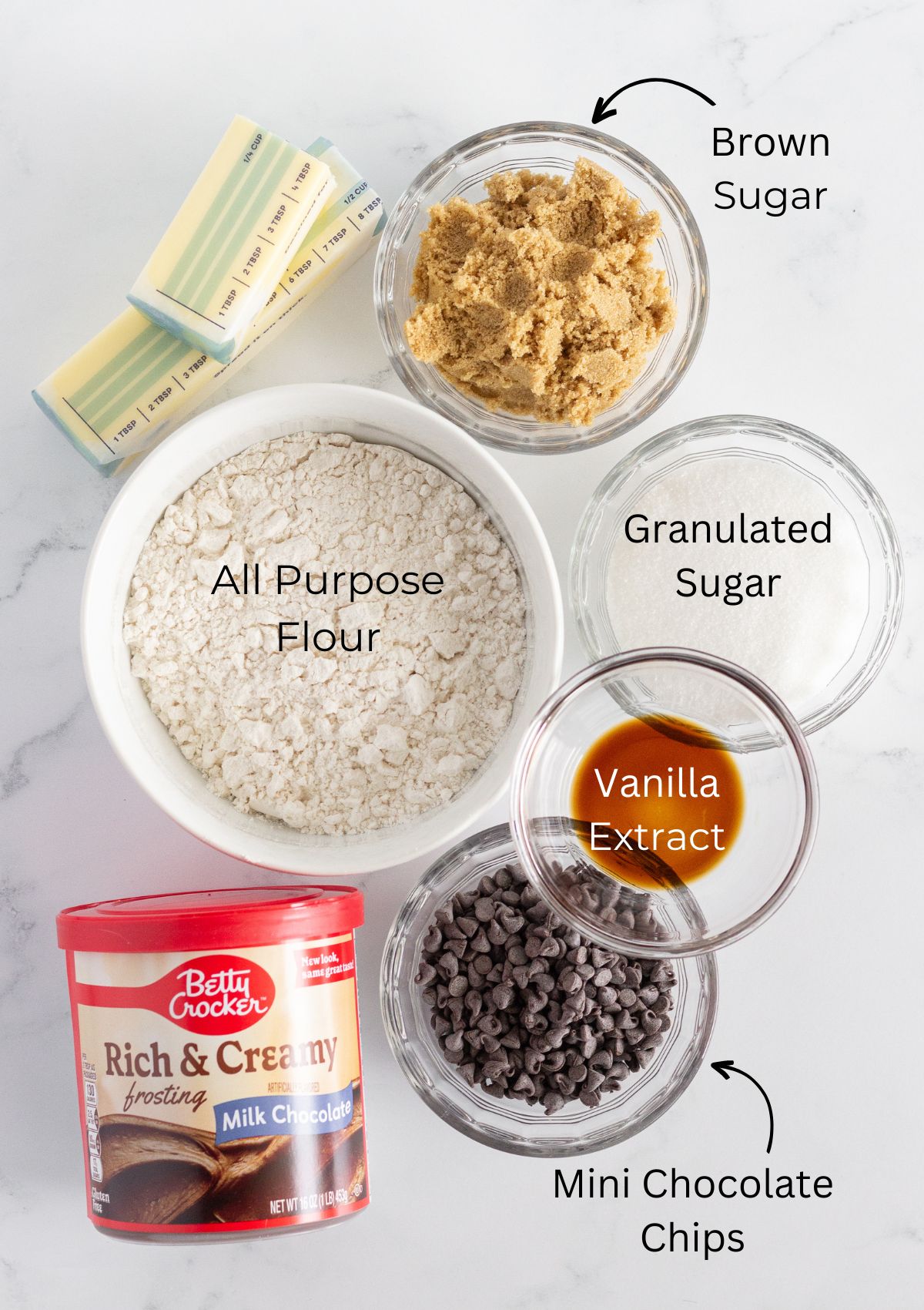 A photo of the ingredients needed to make the edible cookie dough portion of this recipe.