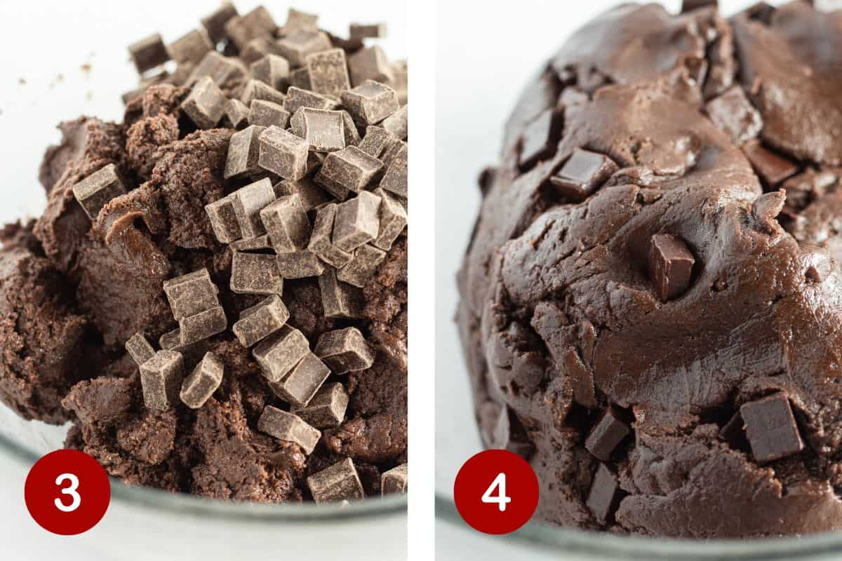 Photos of steps 3 & 4 of making dark chocolate cookies with a brownie mix.