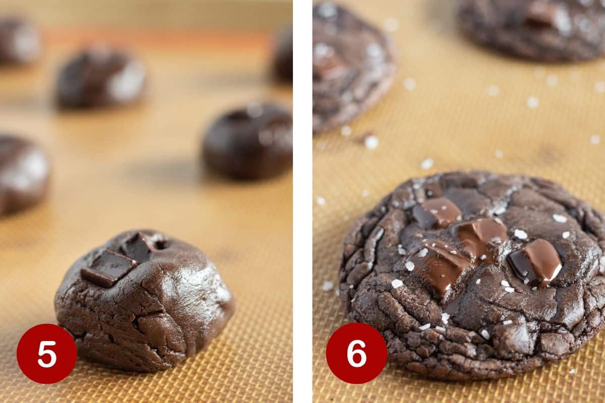 Photos of the last steps of making dark chocolate cookies.