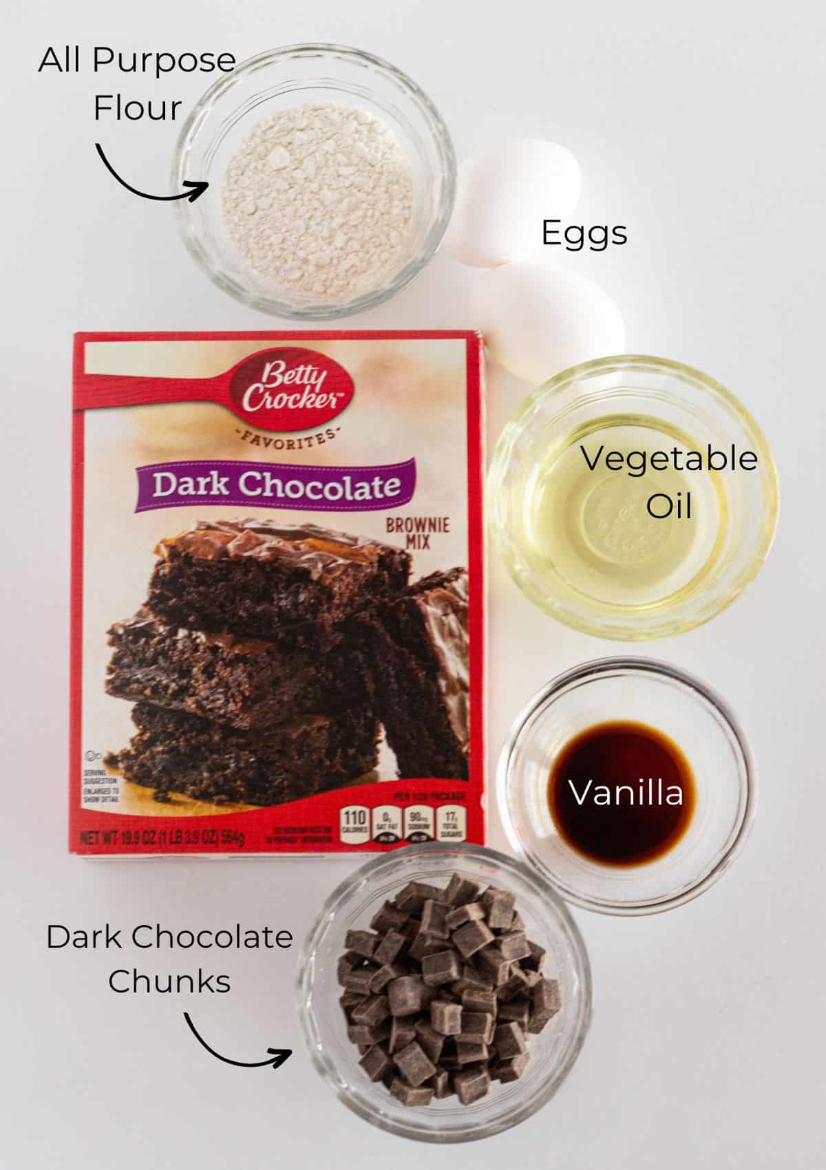 A photo of all of the ingredients needed to make Easy Dark Chocolate Chip Cookies.