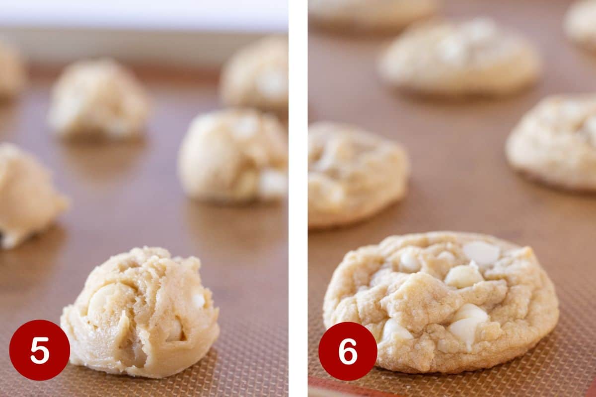 Photos of steps 5 & 6 of scooping and baking macadamia nut cookies with white chocolate chips.