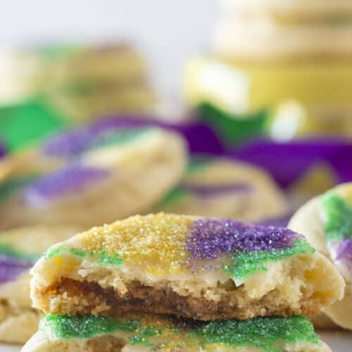 Mardi Gras cookies made with a cake mix and stuffed with cinnamon.