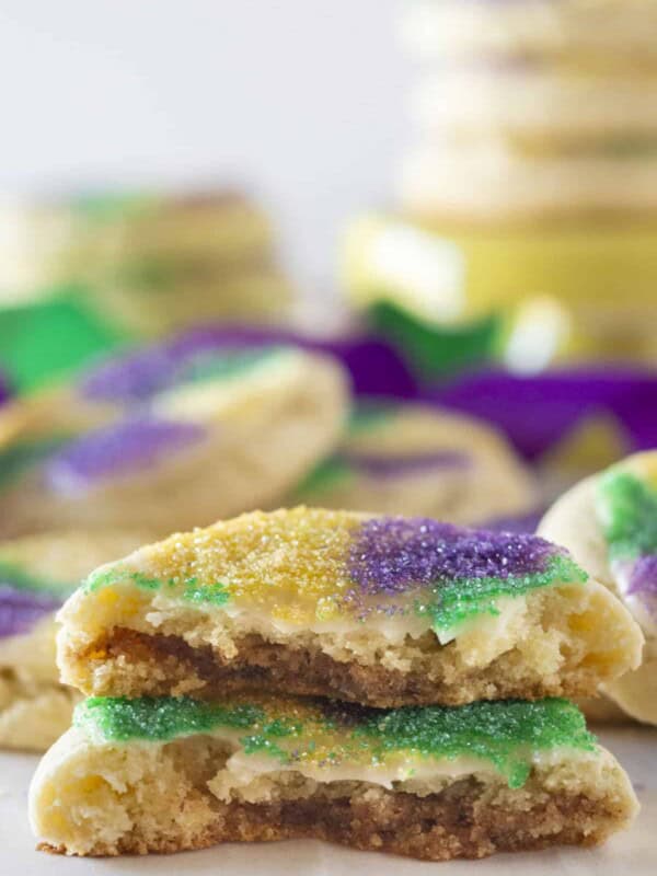 Mardi Gras cookies made with a cake mix and stuffed with cinnamon.