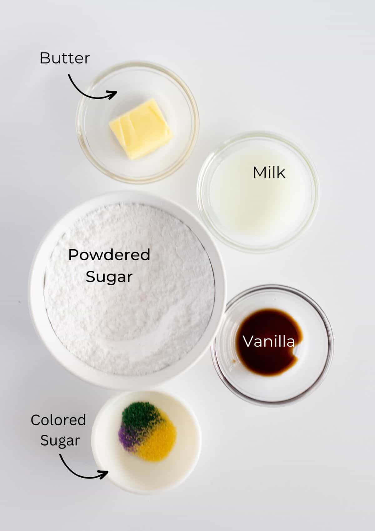 Photo of the ingredients needed for the Mardi Gras frosting and toppings.