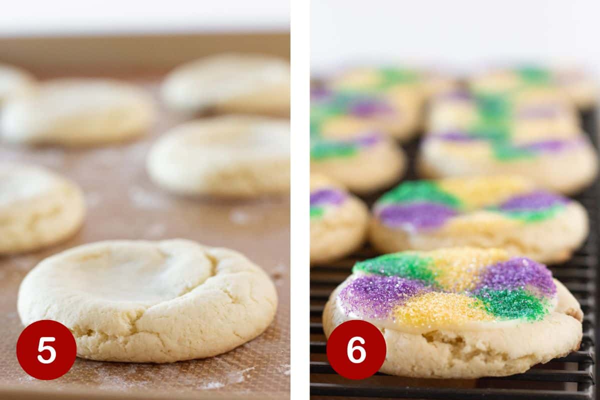 Photos of steps 5 & 6 of making Mardi Gras Cookies with a cake mix.