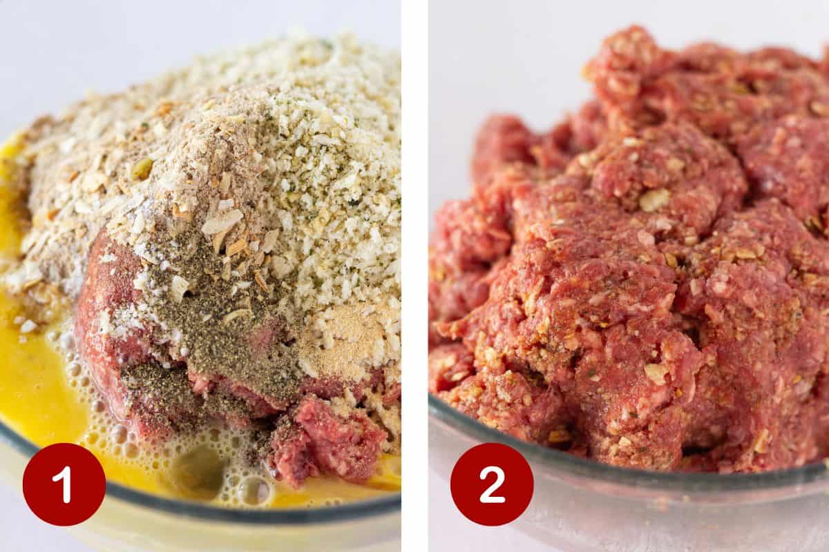 Photos of steps 1 and 2 of making a meatloaf in the crock pot.