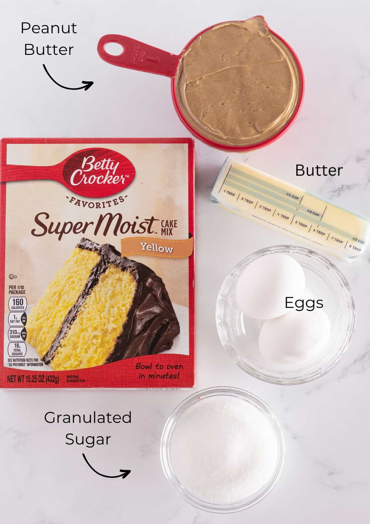 The four ingredients needed to make peanut butter cookies with a cake mix.