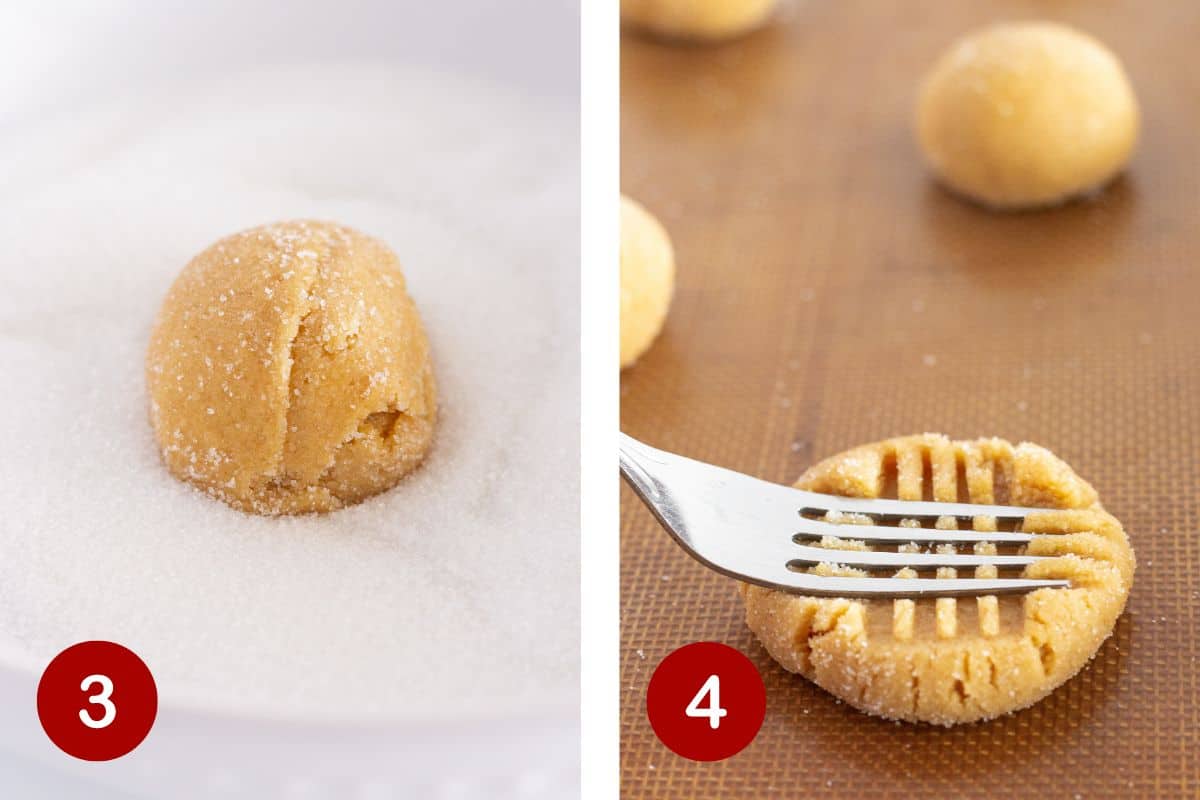 Photos of steps 3 & 4 of making peanut butter cookies, including using a fork to make the iconic marks in the top.