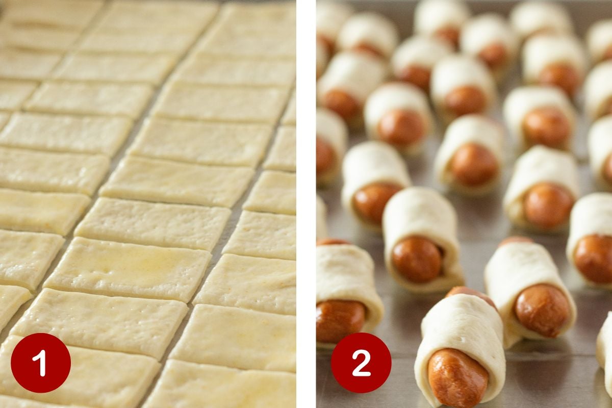 A photo of steps 1 and 2 to make this Easy Pigs in a Blanket Wreath.