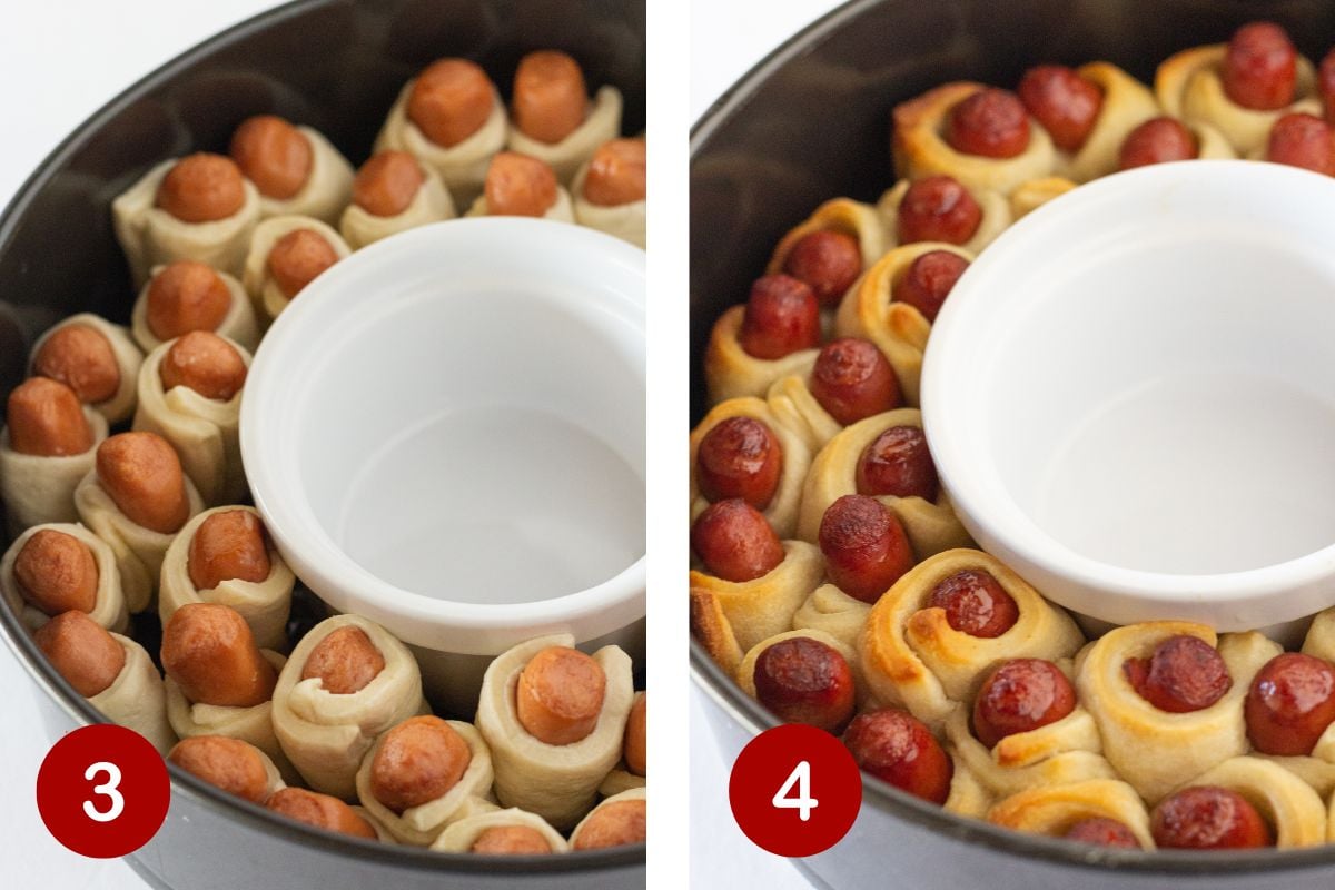 Photos of steps 3 and 4 of making a Pigs in a Blanket Wreath.