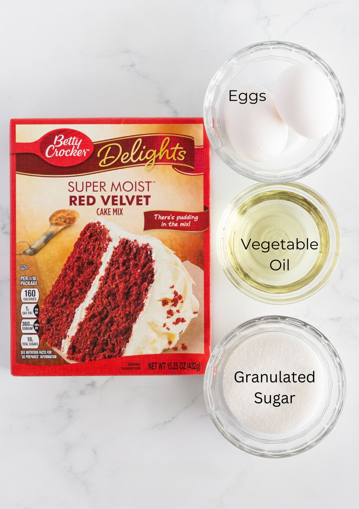 Ingredients needed to make red velvet cookies for the red velvet sandwich cookies.