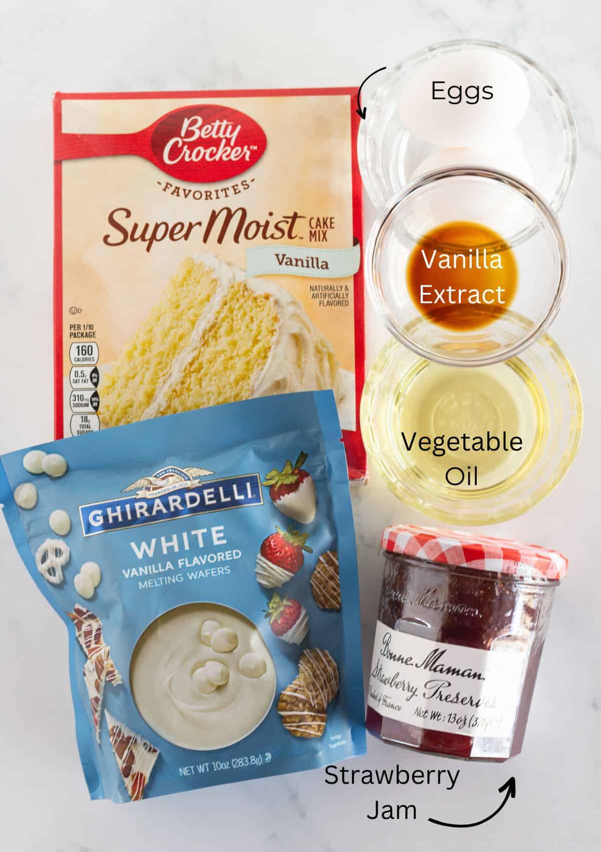 A photo of the ingredients needed to make these Strawberry jam cookies.