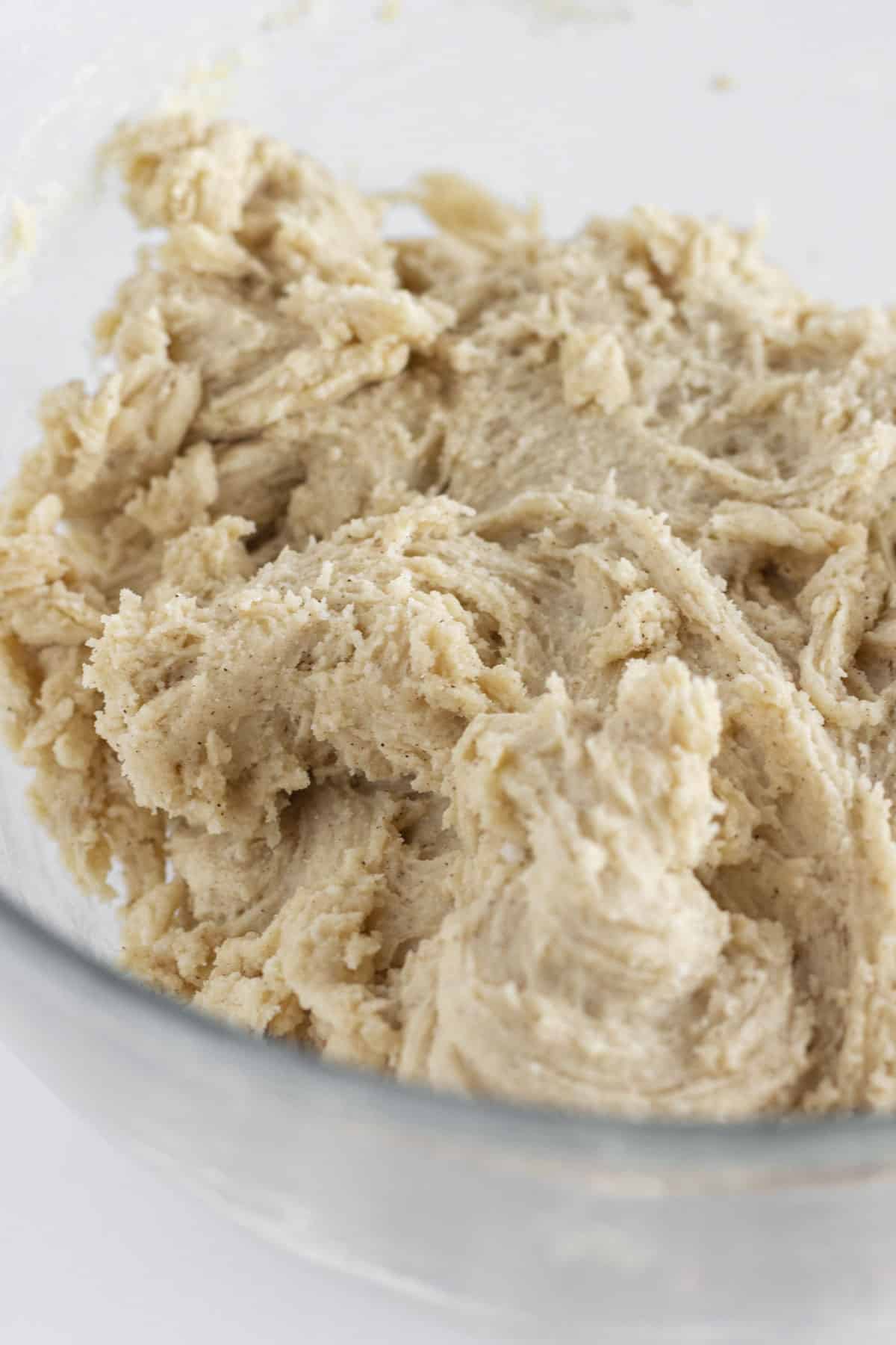 A bowl full of thick cinnamon cookie dough.