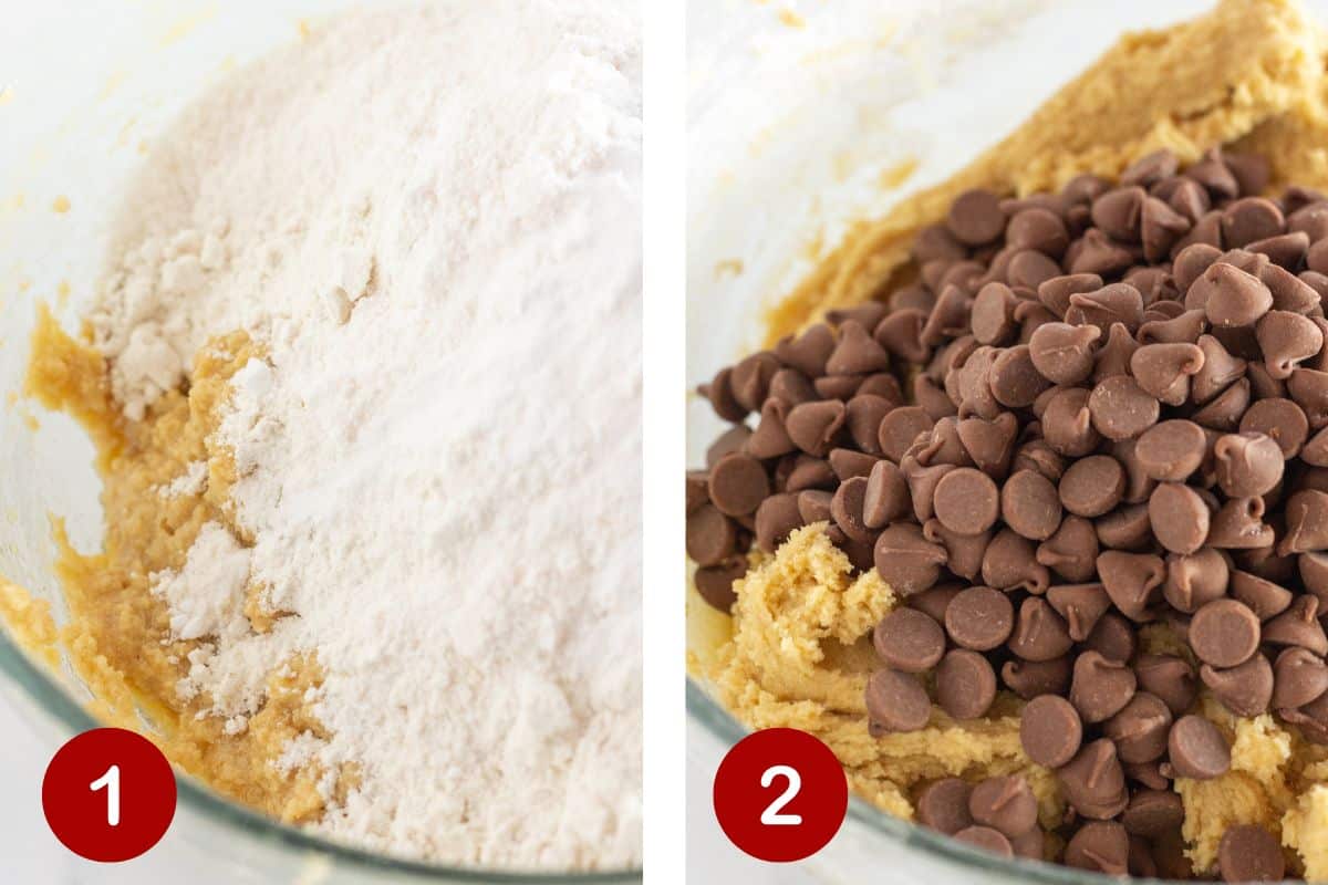 Photos of steps 1 and 2 of making grandmas chocolate chip cookies.