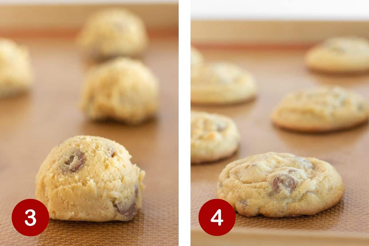 Photos of steps 3 and 4 of scooping and baking grandmas soft chocolate chip cookies.