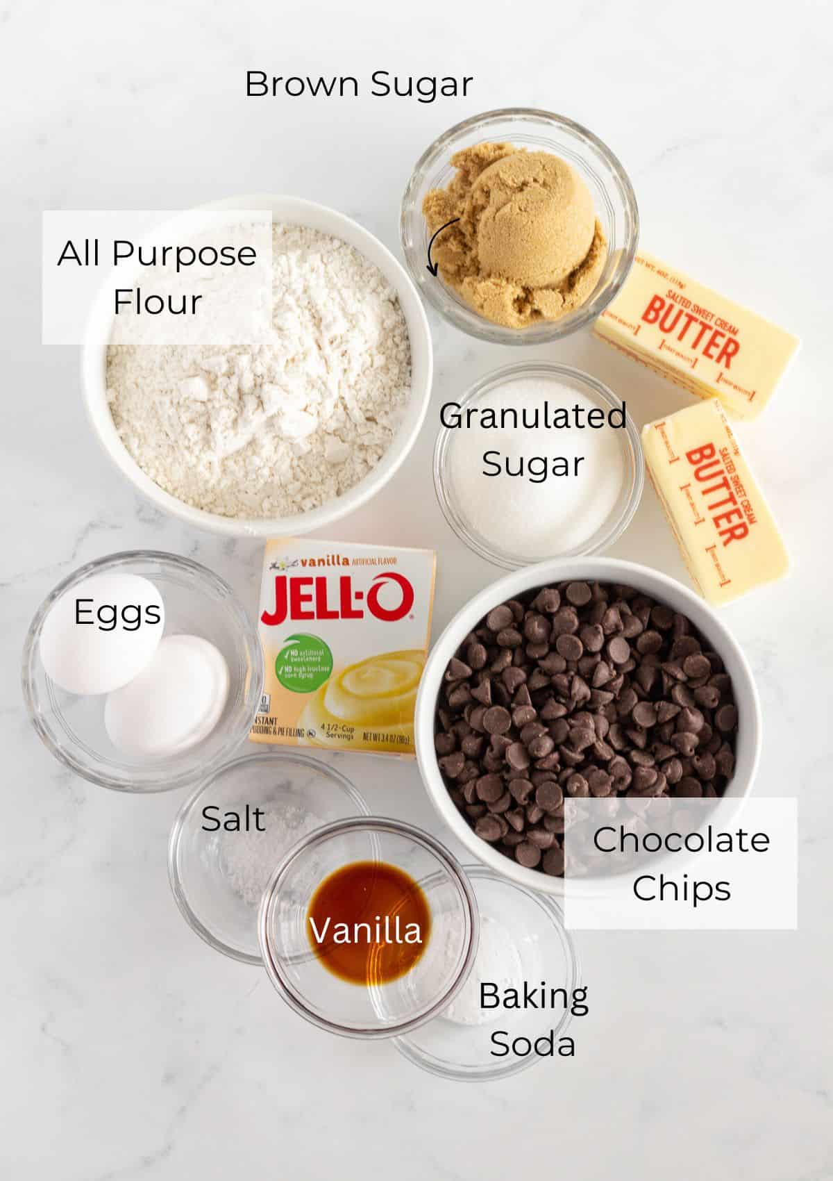 The ingredients needed to make Grandma Pearl's Chocolate Chip Cookies.