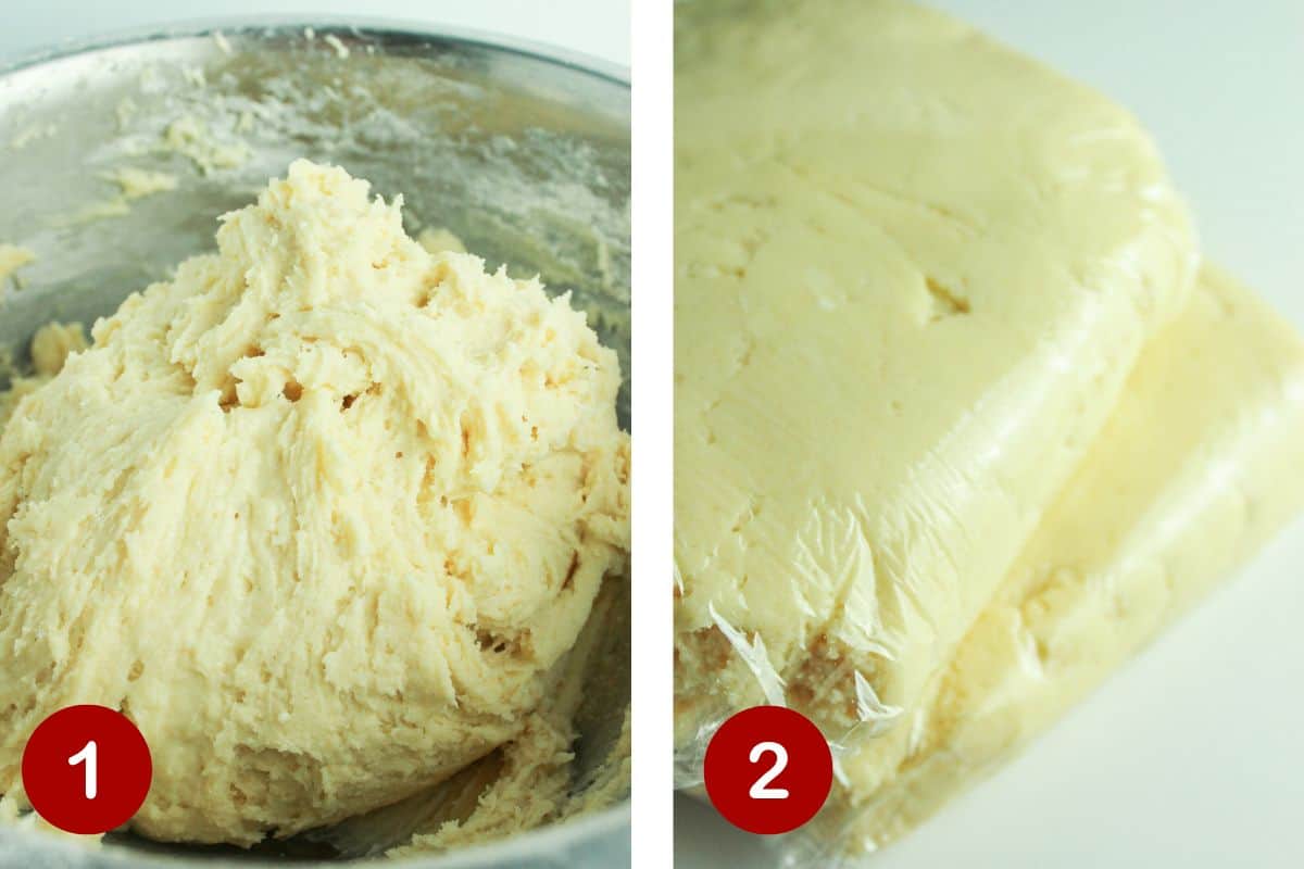 Photos of steps 1 and 2 of making cream cheese sugar cookie dough.