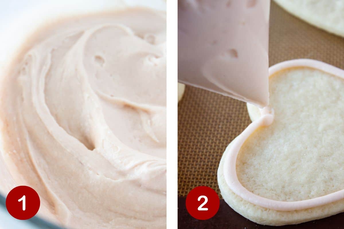 Photos of steps 1 and 2 of making the strawberry buttercream and frosting the sugar cookies.