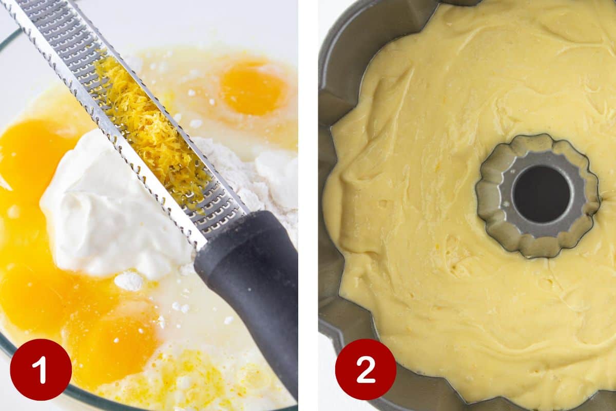 Photos of steps 1 and 2 of making a Lemon Bundt Cake.