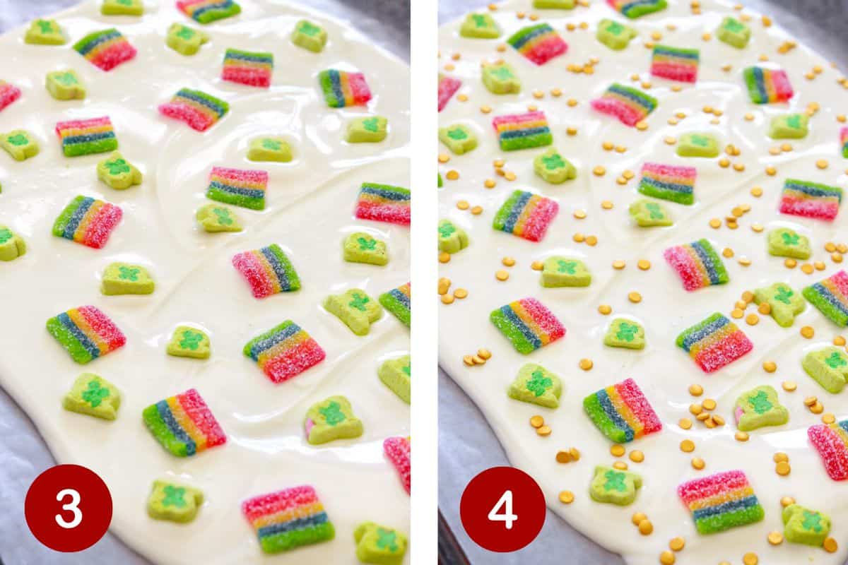 Steps 3 and 4 of making no bake Leprechaun Bark.  Adding the clover marshmallows and gold coin sprinkles.