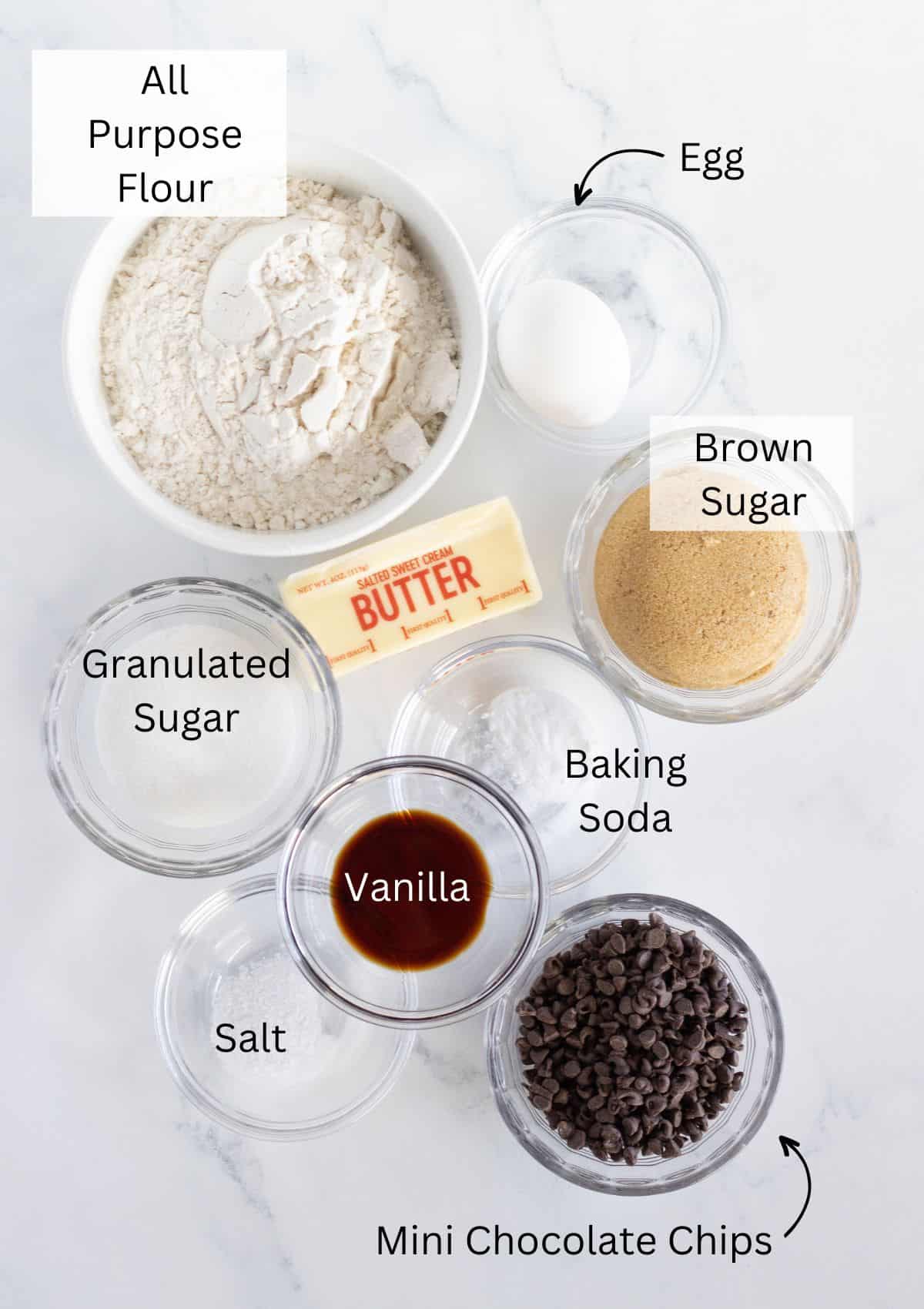 A photo of all of the ingredients needed to make Mini Chocolate Chip Cookies.