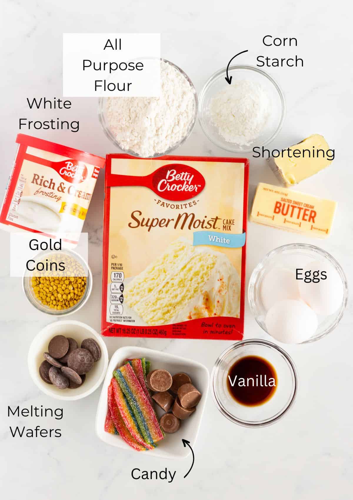 Ingredients needed to make Rainbow Sugar Cookies.